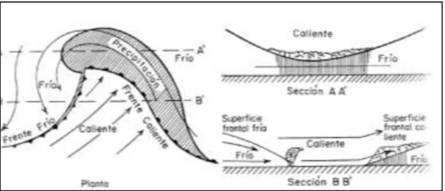 Figura 1.4.-Idealizacion de un Ciclón extratropical Fuente: Hidrología I, Rolando  Springald G
