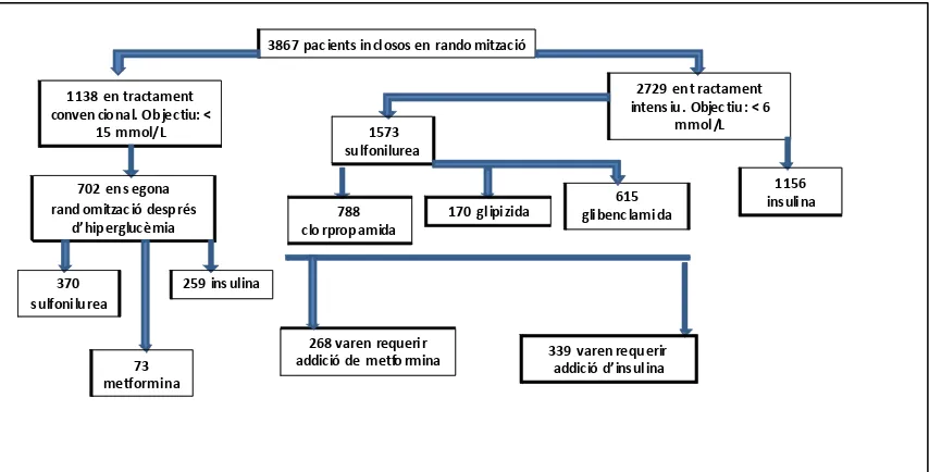 Figura 13: Esquema del disseny i aleatorització de pacients a l’estudi UKPDS. (Adaptat de: The UKPDS 