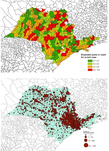 Figure 1.5: State of S˜ao Paulo: Congestion of Civil Courts (up-per graph) and Location of Firms (lower graph)
