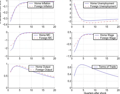 Figure 2.3: Impulse responses of selected domestic and foreign variables to domestic(solid line) and foreign technology (dashed line) shocks