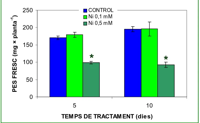 Figura 10. Pes fresc de plantes d’arròs cultivades durant 5 o 10 dies en 