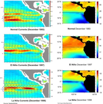 Fig. 10. Variabilidad interanual del Pacífico Tropical. (Condiciones el Niño en diciembre de 1997;  condiciones normales en diciembre de 1990; condiciones durante la Niña en diciembre de 1988 