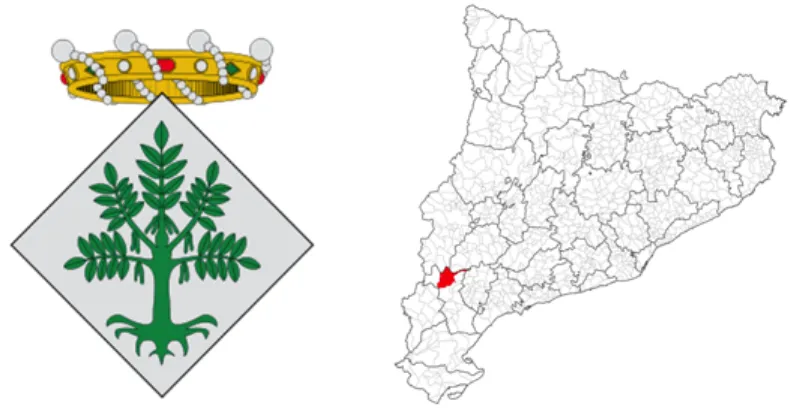 Figura 1.1. Escut de la vila de Flix amb la figura del freixe i localització del municipi de la vila de Flix dins de la comarca de la Ribera d’Ebre