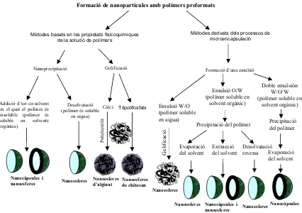 Fig 1.6: Mètodes de preparació de nanoesferes i nanocàpsules a partir de polímers preformats (Fig