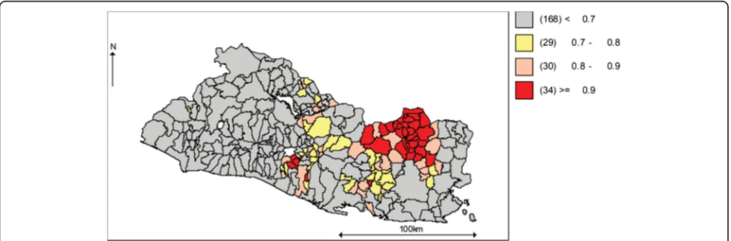 Fig. 6 Total violence, posterior probability of area-specific differential trends ( δ i ) greater than cero