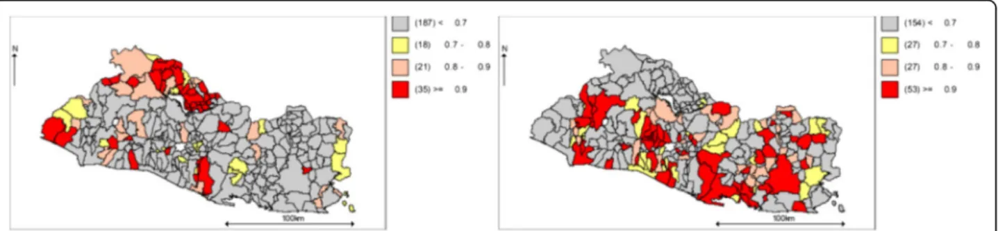 Fig. 8 Share of suicide in total violence. Probability of an increasing (left) and decreasing (right) spatio-temporal trend