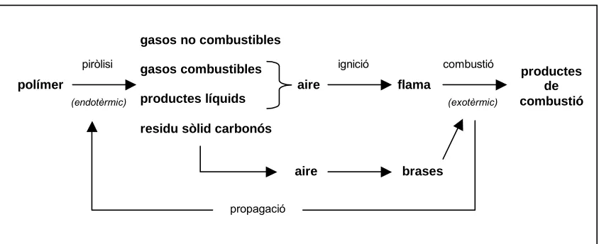 Figura 1.2-02: Descripció esquemàtica del cicle de combustió d’un polímer [Troitzsch, 1990]