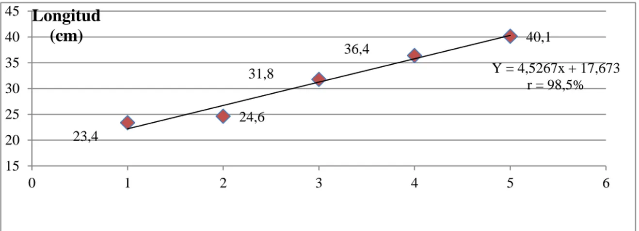 Figura 5: Dispersión y línea de regresión para promedios de longitud de fruto de tratamientos 