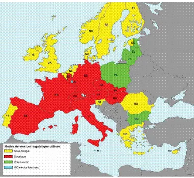 FIGURA 1. Modalitats de transvasament predominants al polisistema televisiu europeu. El doblatge preval als països meridionals i centrals