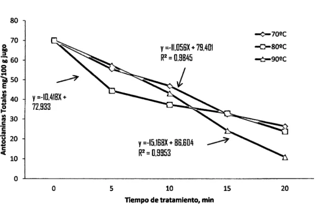 Figura  7.  Cinéticas de degradación térmica de las antocianinas totales presentes en el jugo  de uva Isabella