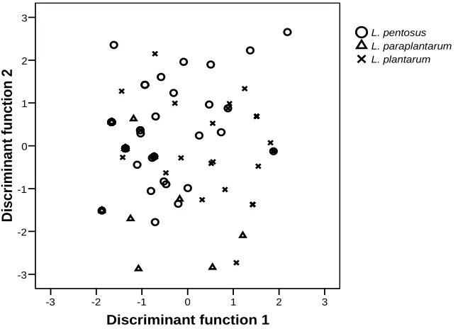 Figure 2. Discriminant analysis of all the isolates according to their species. Variables used for the analysis were bacteriocins genes of each isolate
