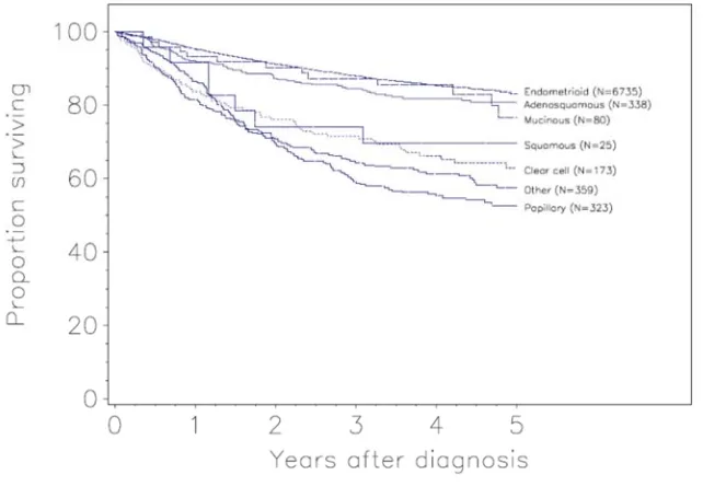 FIGURA 6. Curvas de supervivencia en función del tipo histológico en el carcinoma de endometrio (FIGO 