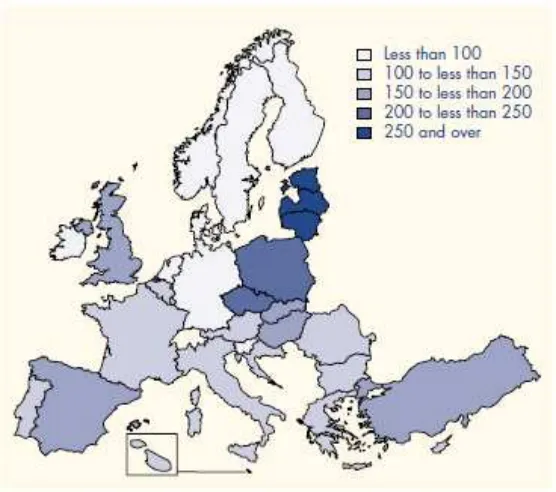 Figura 2.2: Reclusos por cada 100000 habitantes en estados miembros de la EU, Croacia, 