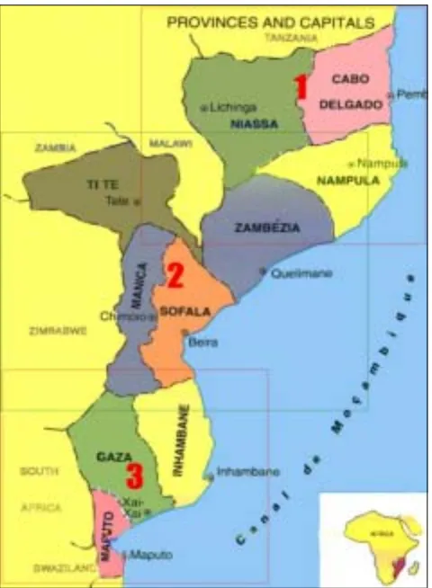 Figura 1: Mapa de provincias y capitales de provincias de Mozambique 