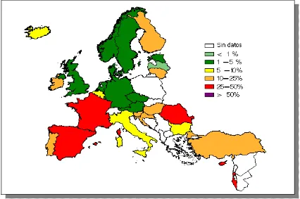 Figura 1.5a: Tasas de resistencia global a la penicilina. Europa 2007 (datos procedentes de la EARSS: http://www.rivm.nl/earss/database/)