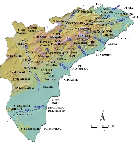 Figura 3.2.- Mapa físico de la provincia de Alicante (Fuente: AMA, 1991; Martínez y  