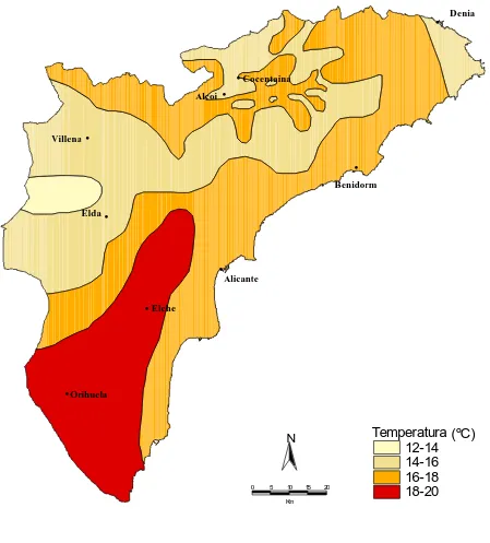 Figura 3.6.- Distribución de las temperaturas medias anuales en la provincia de Alicante (Fuente: Pérez-Cueva, 1994)