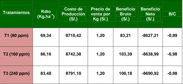 Cuadro  22:  Costos  de  producción,  rendimiento  y  relación  Beneficio/Costo por tratamiento