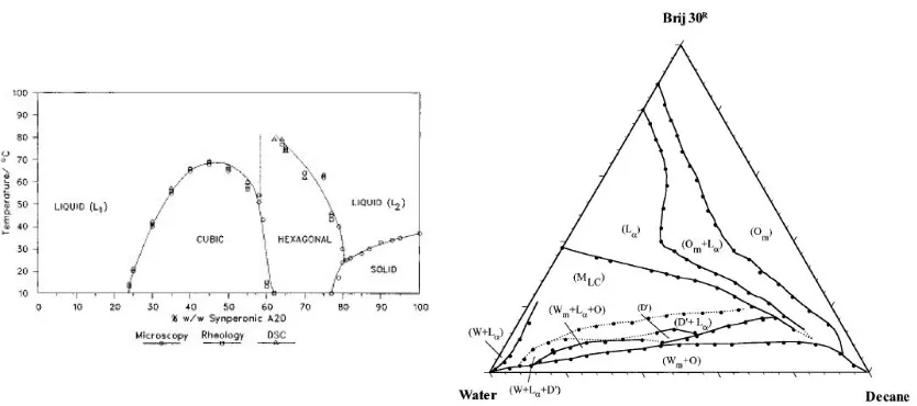 Figura 1.4 Ejemplos de diagrama binario del sistema Agua / Synperonic A20 (a) [Dimitrova, 1996] y 