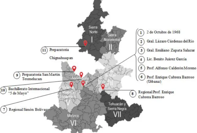 Figura 1. Mapa del Estado de Puebla con la ubicación de las preparatorias urbanas y regionales de la BUAP  participantes en la investigación