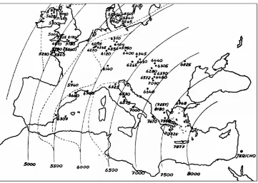 Figure 1.1: Map of radiocarbon dates analyzed by Ammerman and Cavalli-Sforza [6].The arcs show the expected positions for a constant rate expansion from Jericho