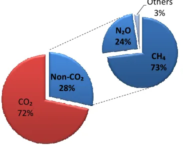 Figure 1.1  Contribution of anthropogenic GHGs to global radiative forcing (W/m2) (Data source: USEPA (2012)) 
