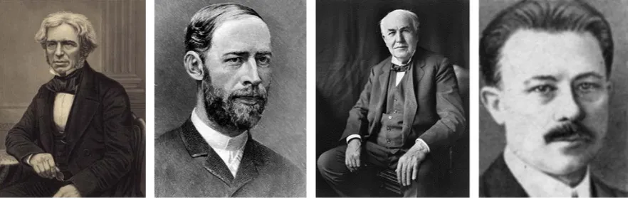FIGURE 1.1. Pioneers in vacuum coating. From left to right: Michael Faraday, Heinrich Hertz, Thomas A