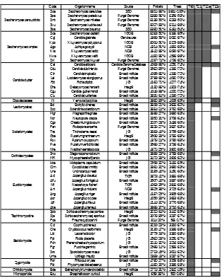 Table 3.1: Species included in the 60-species phylomes and their genomic coverage.For each species, “proteins included” column indicates the number of proteinspresent in trees of the yeast phylome and the percentage they represent; “trees”column indicates 