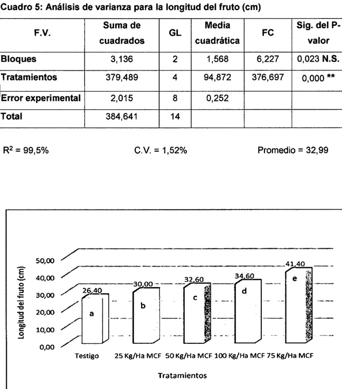 Cuadro 5:  Análisis de varianza para la longitud del fruto (cm) 