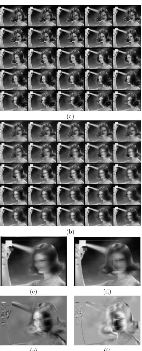 Figure 6.7: (a) Original sequence of frames.Reconstructed sequence (b) with70.45% of reconstruction quality using 2 principal components of appearance (e) and(f) and a 2 × 2 G matrix whose eigenvectors correspond to the images (c) and (d).