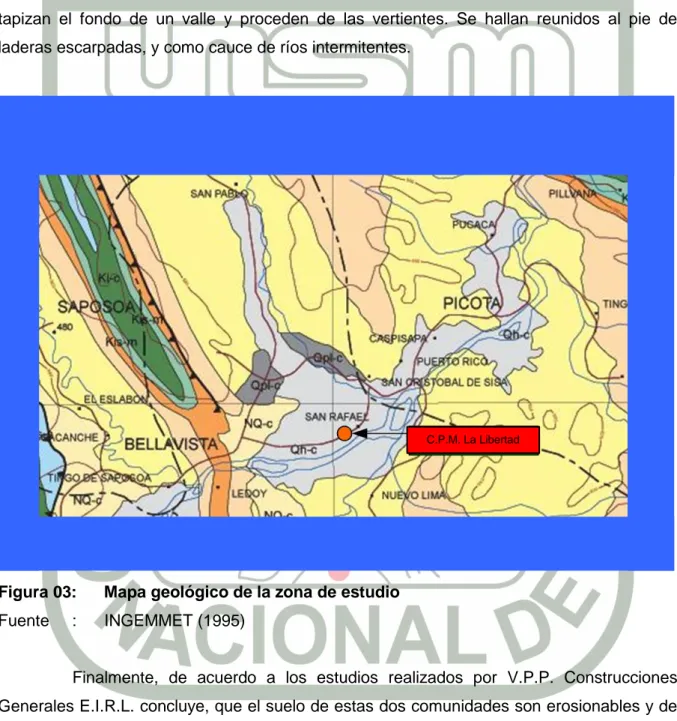 Figura 03:  Mapa geológico de la zona de estudio  Fuente     :      INGEMMET (1995) 