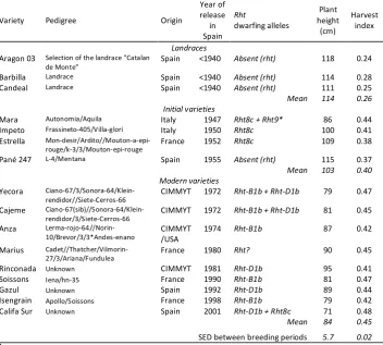 Table 1. Description of the varieties used in the study grouped according to the breeding period in which they were grown