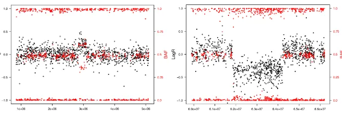 Figure 5.  SNP array plots. A: Plot corresponding to a duplication. Within the duplicated region the intensity (LogR) is higher and BAF shows a proportion of the alleles of 2:1