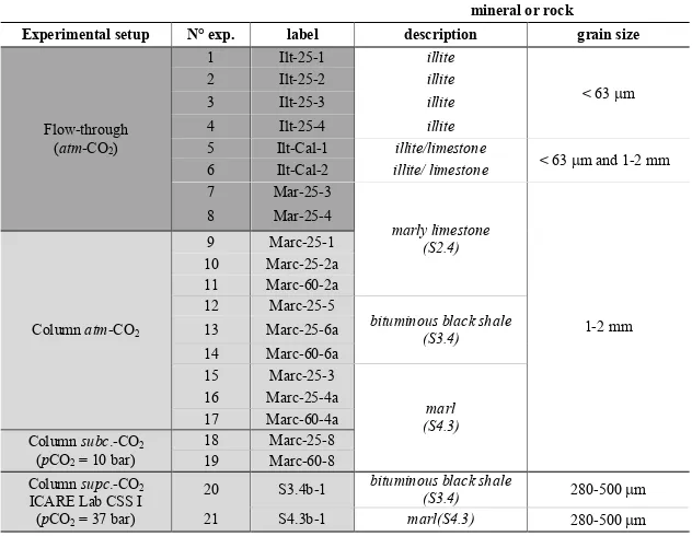 Table 2.1 Experimental setups, number, label and crushed samples characteristics used in the flow-through and column experiments described in Chapter III