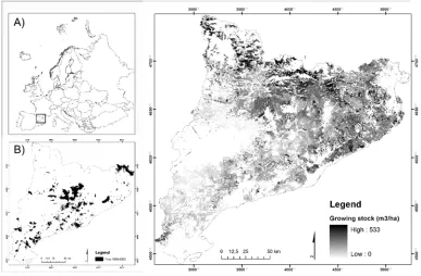 Fig. 1. Location of the study area (A), wildfires occurred in the study area between 1989 and 2000 (B), and growing stock (expressed in m3/ha) (C)