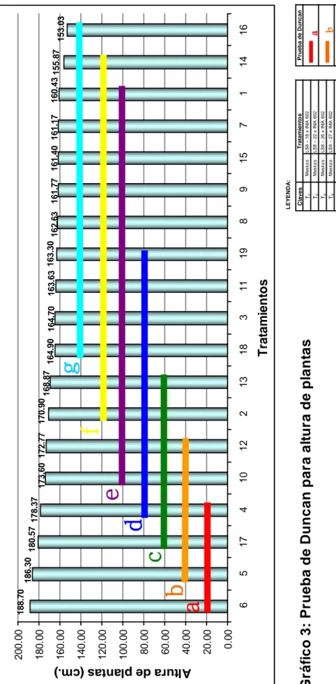 Gráfico 3: Prueba de Duncan para altura de plantas Análisis de varianza:   Bloques           :  **   Altamente significativo Tratamientos   :  **   Altamente significativo R2     :   72,46 %                                       C.V