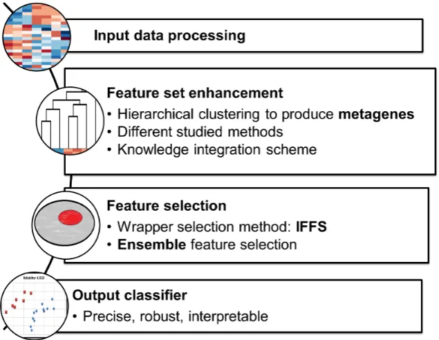 Figure 1-2: Current model framework for the binary classication case. The feature set en-hancement phase and the feature selection phase have been studied in multiple congurations.