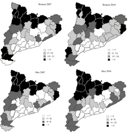 Fig. 1 Geographical distribution of sickness absence (median duration) by comarcas, by sex and 