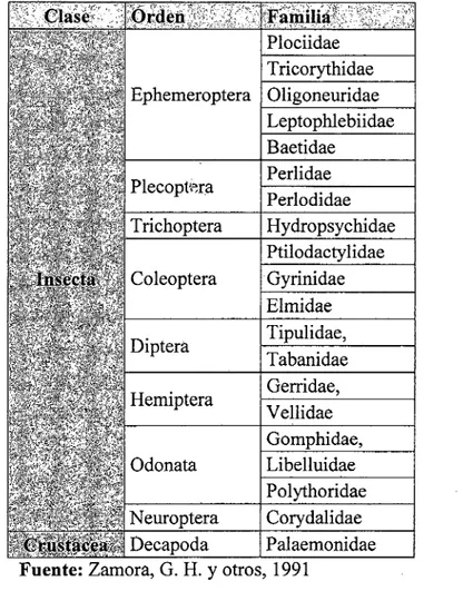 Tabla N° 09.  Composición Taxonómica de Macroinvertebrados Acuáticos  encontrados en la Microcuenca Mishquiyacu, Enero, Marzo y Mayo de 2014