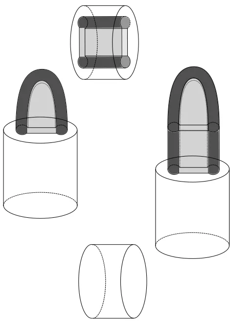 Figure 2.5: Background manifolds in diagram 2.5.2, in the case when ∂0Mis a disc. The upper picture should be interpreted as the complement of thecoloured ﬁgure in the cylinder.