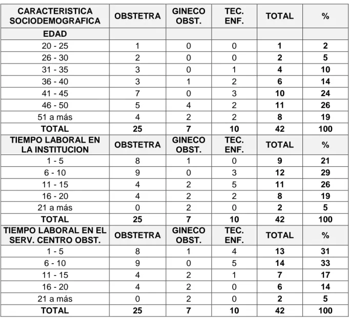 TABLA N° 01: CARACTERISTICAS SOCIODEMOGRAFICAS DEL  PERSONAL QUE LABORA EN CENTRO OBSTETRICO, HOSPITAL II – 2 