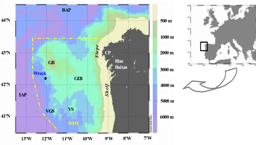 Figure 2.1.  Bathymetry and main topographic features near the wreck. BAP: Biscay Abyssal Plain; GB: 
