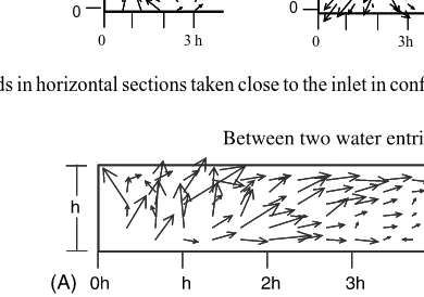 Fig. 9. Velocity ﬁelds in vertical sections in conﬁguration 3. The ﬁrst taken (A) between two water entries and (B)the second in front of water entry.
