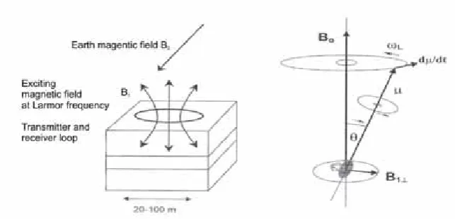 Figure 2.10: On the left NMR instrument application. On the right detail of the hydrogen proton deflection due to the induced current at the Larmor frequency (from Yaramanci et al., 2005)