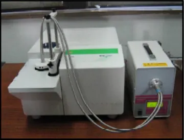 Figure 2.4 Determination of glass transition temperature in a heating experiment from an idealized temperature of glass transition; DSC curve (endotherm down)