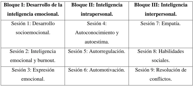Tabla 3. Estructura de las sesiones por bloques de contenido. 