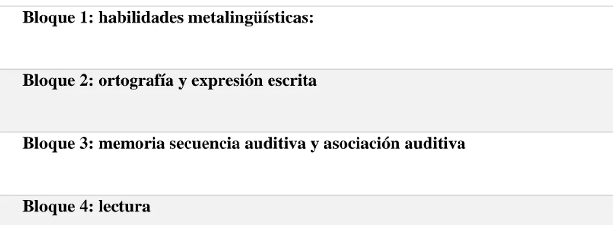 Tabla 3: bloques que forman las diferentes actividades de intervención 