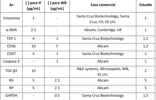 Tabla  1:  Anticuerpos  primarios  empleados  en  las  técnicas  de  inmunofluorescencia  (IF)  o  Western blotting (WB).   Ac  [ ] para IF  (µg/mL)  [ ] para WB (µg/mL)  Casa comercial  Estudio  Vimentina  1  ‐  Santa Cruz Biotechnology, Santa  Cruz, CA, 