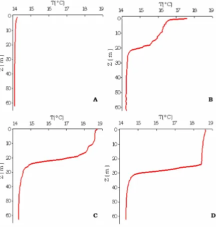 Fig. 5. Perfiles de temperatura del lago Alchichica. (A) Circulación (enero), (B) estratificación temprana (marzo), (C) estratificación bien establecida (julio) y (D) estratificación tardía (noviembre)