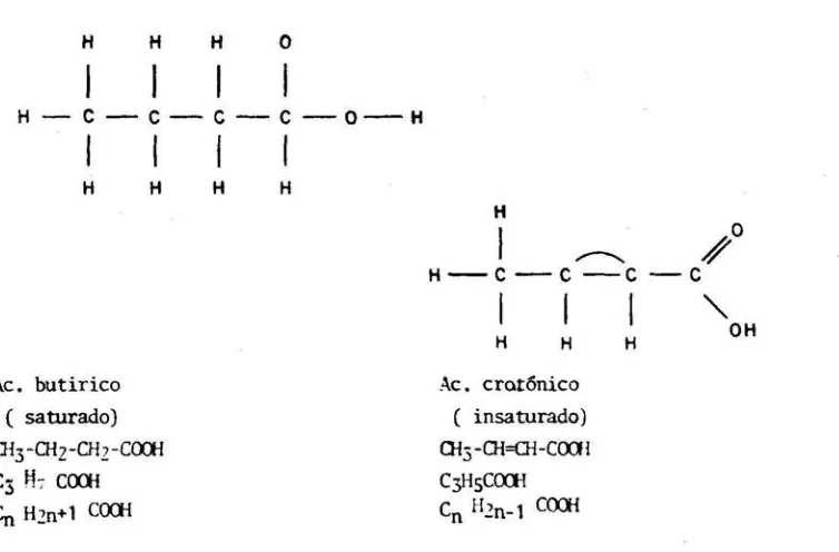 Fig. Ejemplo centrales de un ácido graso saturado CAe. butírico), con sus carbonos -con dos hidrógenos y ligaduras sencillas r de un ácido graso insa-turado CAe
